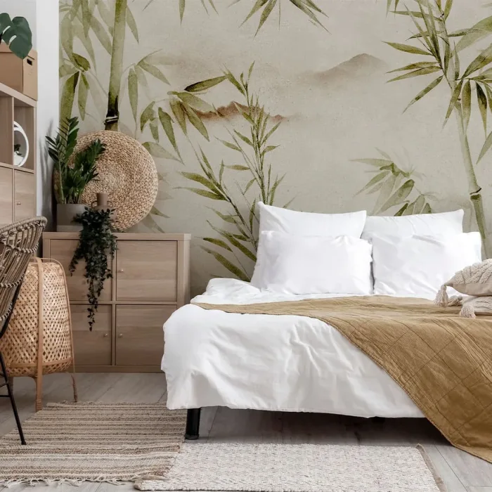 AMBIENTE DORMITORIO CON MURAL PAPEL PINTADO AUTOADHESIVO BAMBU
